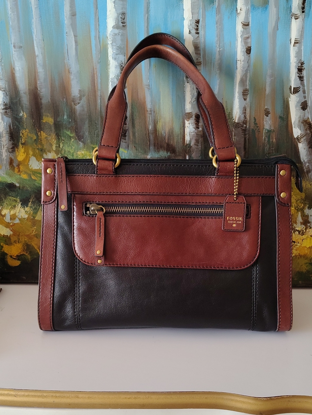 Y2K Fossil Issue No. 1954 Cowhide Bag, Black, Brown Trim, Brass Hardware, Unisex